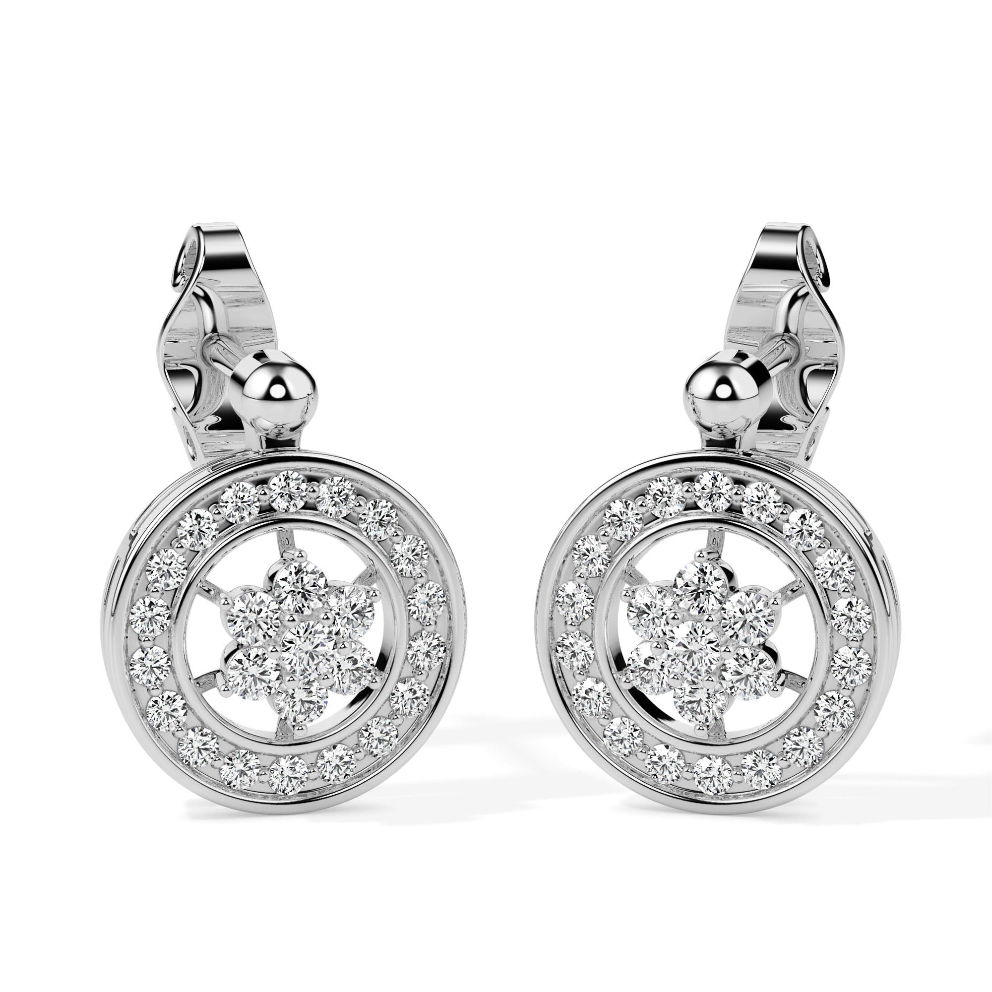 Radiant Circle Flower Diamond Drop Earrings (with Screw)