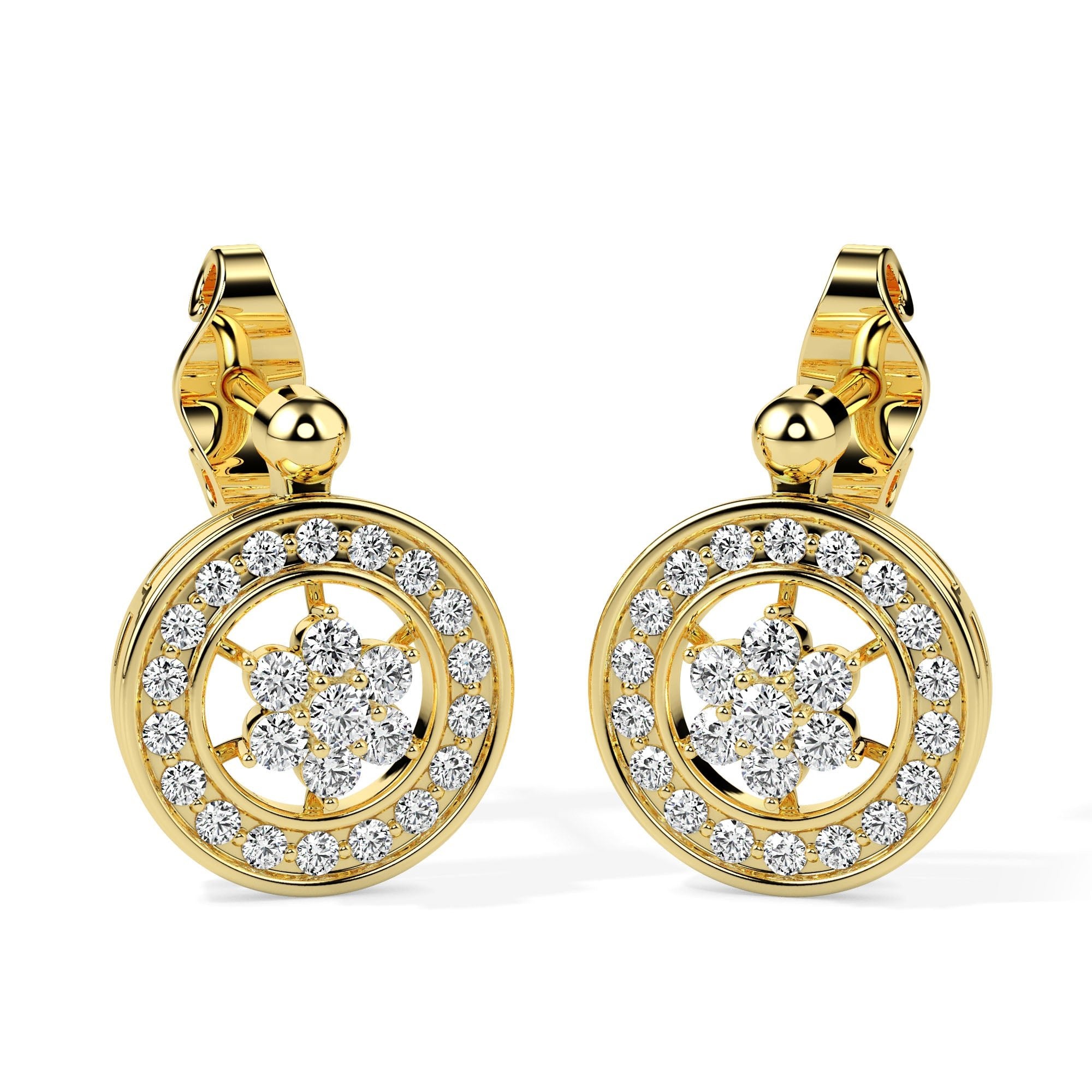 Radiant Circle Flower Diamond Drop Earrings (with Screw)